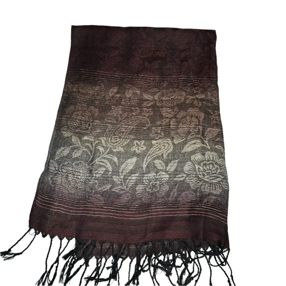 Pashmina Brown 100% Cashmere Floral Paisley Tasseled Shawl Scarf Wrap 28”x 66”